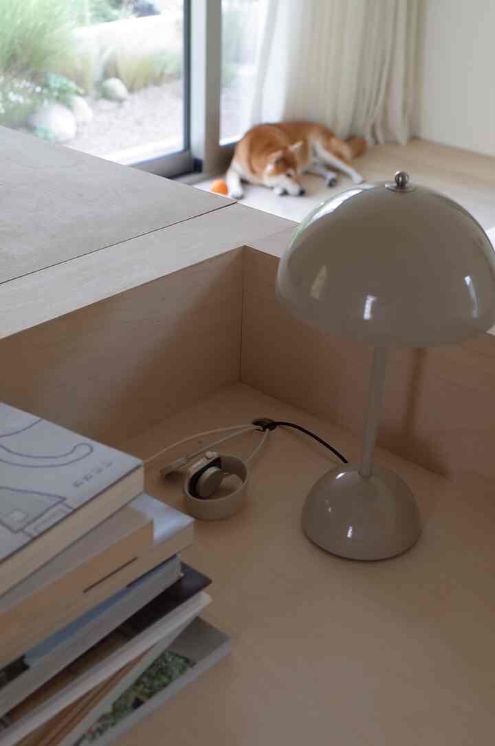 ナチュラルな木目調のデスクに明るいベージュのテーブルランプが置かれ、窓際の床で犬がくつろぐ落ち着いたインテリア