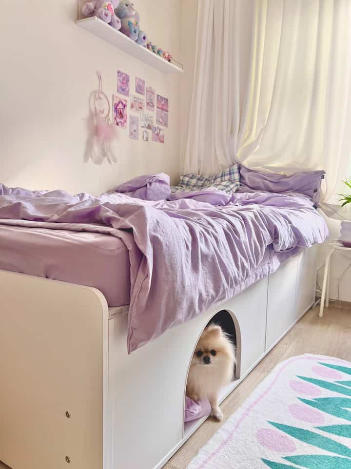 ラベンダー色調の寝室、ベッド下にペットハウスが組み込まれた印象的で機能的な空間