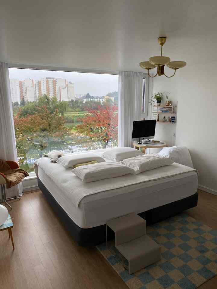 ホワイトと木目調が調和した寝室、中央に大きなベッドがあり、左の窓際には猫がくつろぎ、右の壁には棚と丸テーブルが配置された雰囲気のあるインテリア