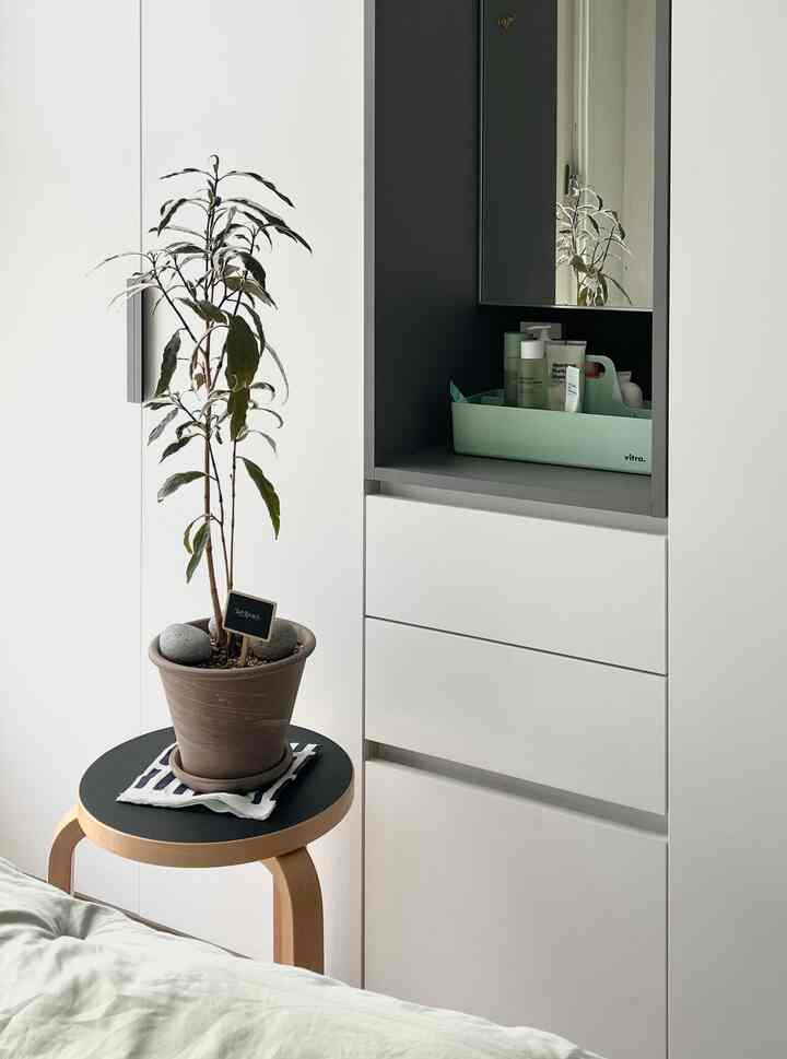 ナチュラルカラーでホワイトトーンのパウダールーム、ビルトインの化粧台と植物の置かれたミニマルな雰囲気の空間