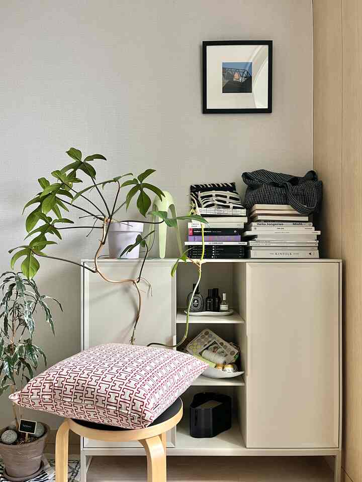 柔らかいベージュ色の壁とキャビネット、植物とクッションが配置された居心地の良いワンルーム内装