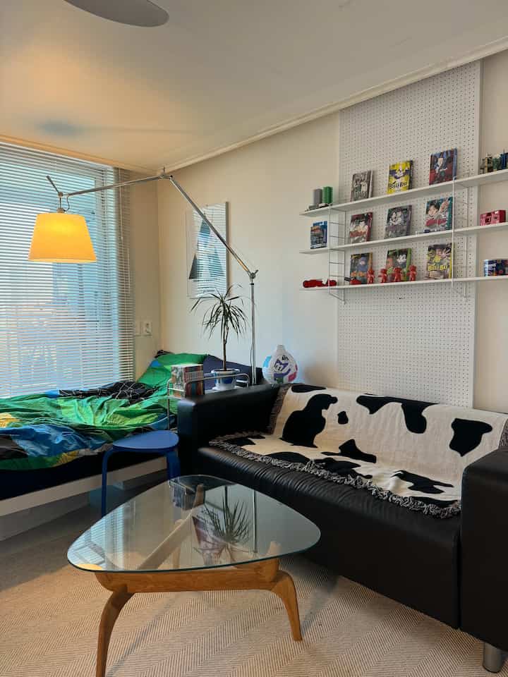 ブラックとグリーンのトーンが特徴的な一人暮らし向けのコンパクトな寝室兼リビング、ソファとベッドが配置されたナチュラルな雰囲気の空間