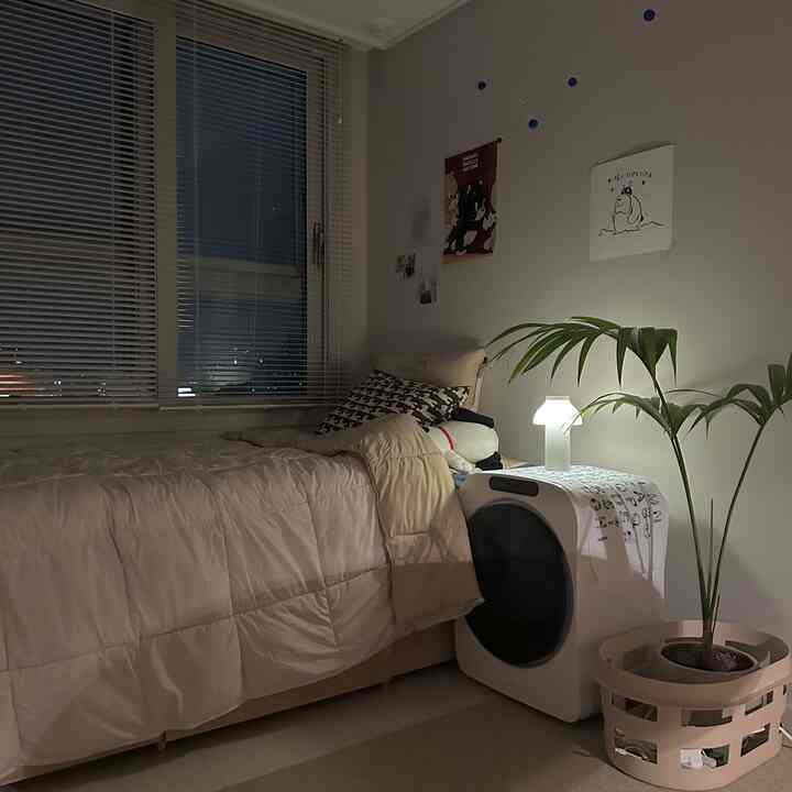 ホワイトとベージュのトーンのワンルーム寝室、ベッドとサイドの乾燥機テーブル、壁のポスター、大きな植物が配置された雰囲気のあるインテリア