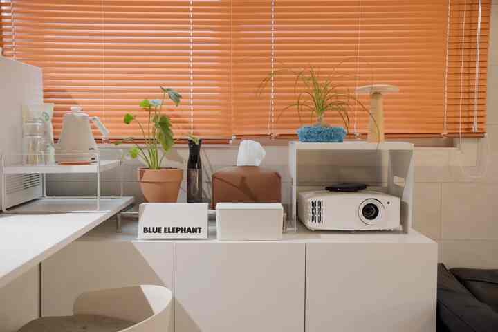 オレンジ色のブラインドと白い収納棚が配置されたキッチン空間、ナチュラルな植物がアクセントのシンプルで清潔感のあるインテリア