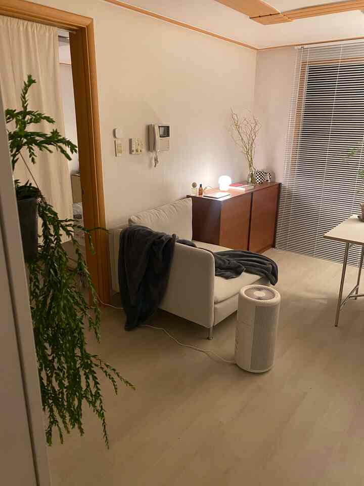 ナチュラルな色調のリビング、白いソファと木製キャビネット、アルミブラインド、空気清浄機が配された落ち着いた空間