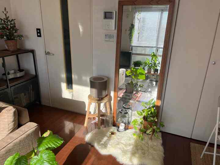暖かな日差しが差し込むナチュラルな色調のリビング、全身鏡の前にグリーンとファーラグが配置された雰囲気のある空間