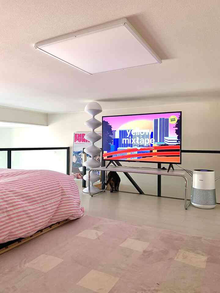 ホワイトとピンクの色調の寝室、ローーテーブルと43インチテレビ、猫に配慮した空間が配置された雰囲気のあるインテリア