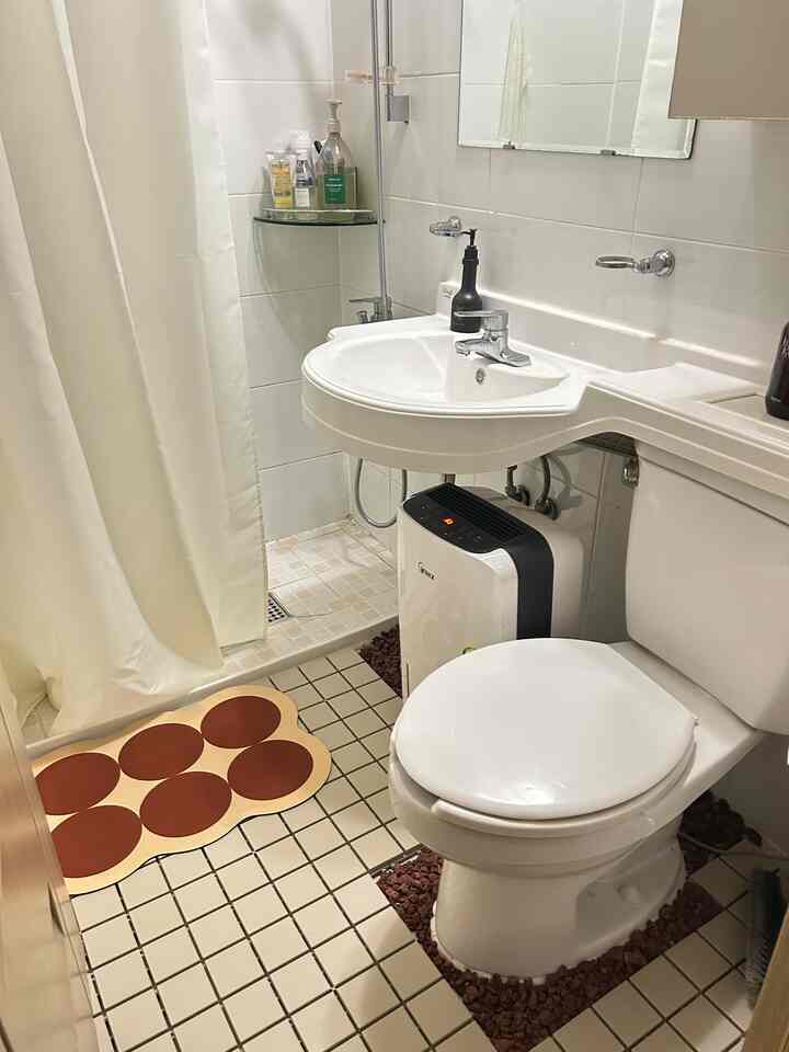 白とベージュの色調のバスルーム、洗面台、トイレ、火山石の装飾とカーテンが配置された清潔なインテリア