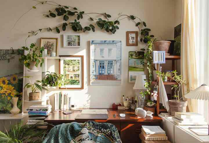 白い壁と茶色の木製デスクに植物が配置されたナチュラルなホームオフィス空間