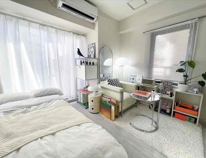 白とナチュラルカラーのコンパクトな寝室兼リビング、ソファとラグが配置された雰囲気のある空間