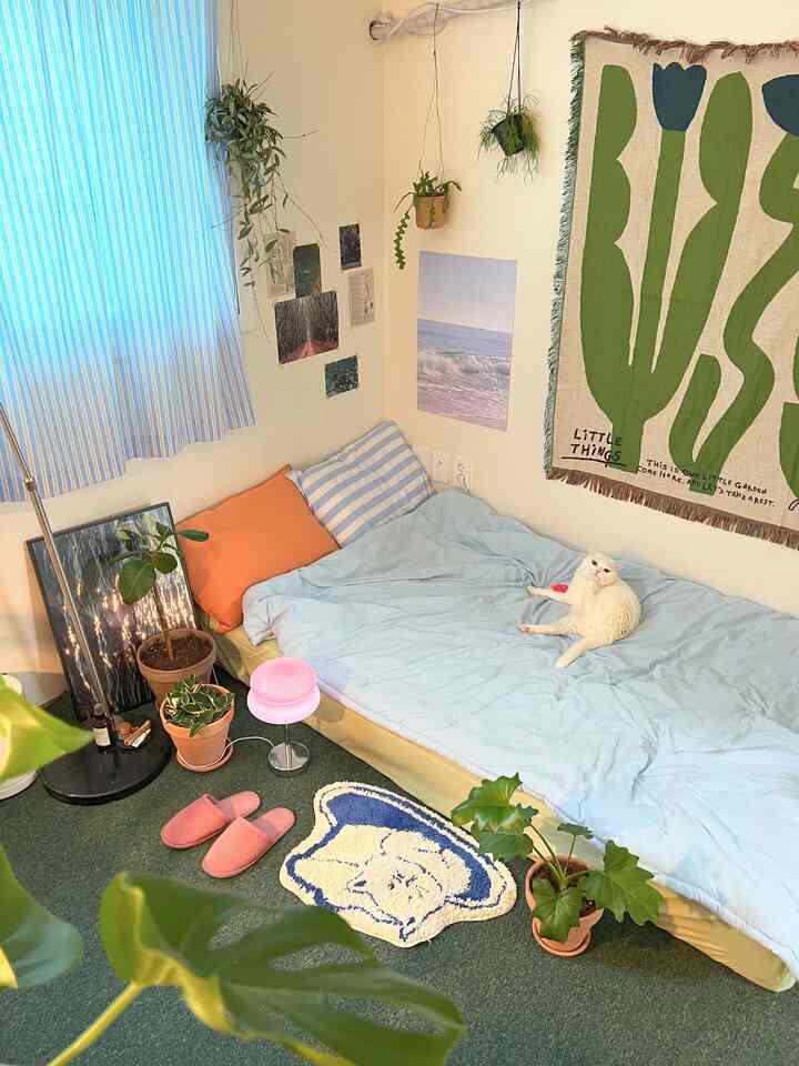 ベージュとブルーのトーンの小さな寝室、ベッドの上に白い猫と多くの植物が配置された自然な雰囲気のインテリア