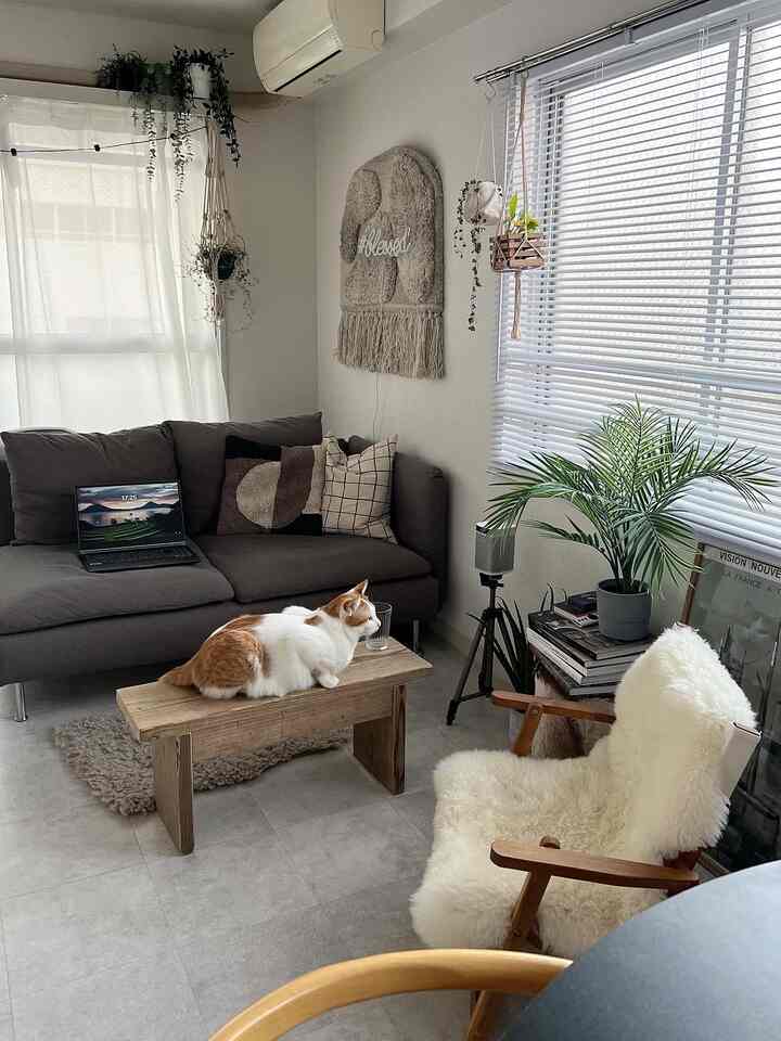 ライトグレーのタイル床とナチュラルトーンの家具が配置された、猫と暮らすシンプルで居心地の良いリビング