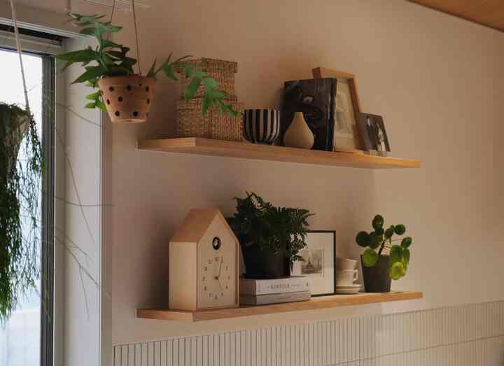柔らかな木目調と植物が配置されたキッチンの壁棚、自然で温かみのあるインテリア