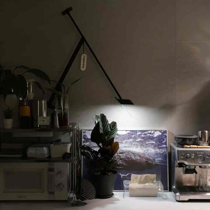 白とシルバーのトーンが調和したキッチン、アーテミデのテーブルランプと多様な植物が配置された雰囲気のあるインテリア