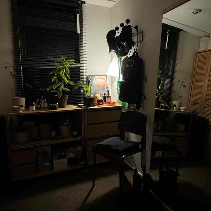 暗い色調の狭い部屋、黒いブラインドの窓の隣に植物のある棚が配置された空間