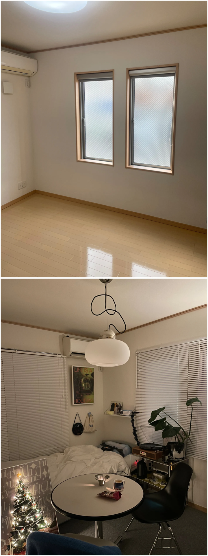 白い壁とベージュの床が調和する小さな寝室、ベッドと丸テーブルが配置されたシンプルで自然な雰囲気のインテリア