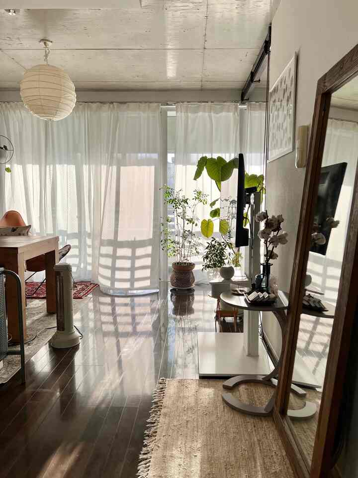 白いカーテンと木目調の床、ダイニングテーブルと植物が配置された自然なリビングスペース