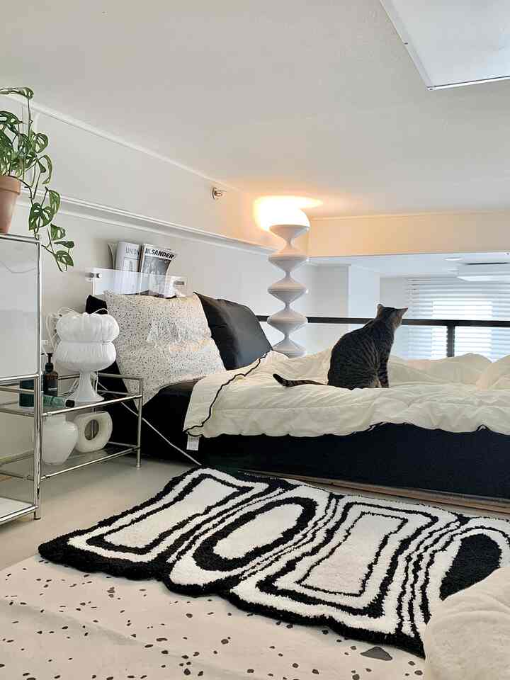 ホワイトとブラックのトーンの寝室、幾何学模様のラグとフロアランプ、ベッドに座る猫がいるモダンで清潔感のある空間