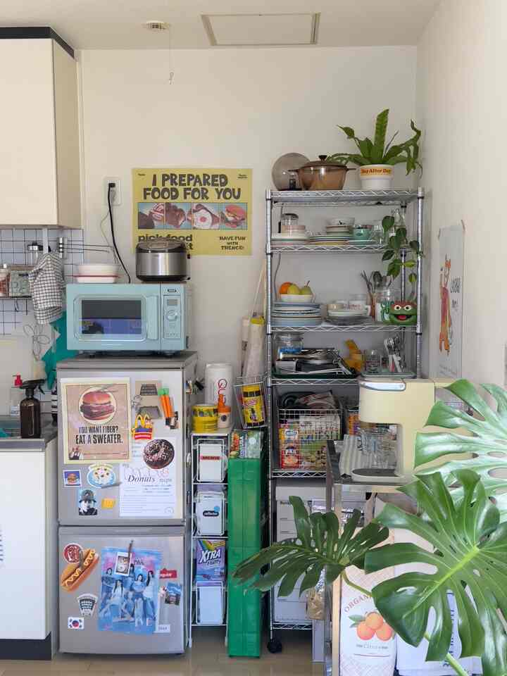 シルバーとグリーンの調和がとれたキッチン、収納アイデアとポスターが配置された雰囲気のあるインテリア