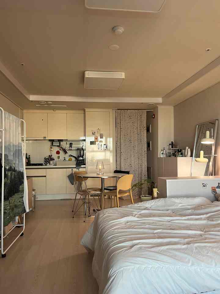 白とベージュのトーンのワンルームキッチンダイニング、ベッドとダイニングチェアが配置された落ち着いたコンパクトな空間