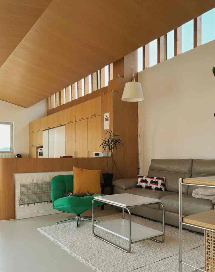 ナチュラルな木目調とグレー、グリーンのアクセント家具が配置された勾配天井のリビングとキッチンスペース