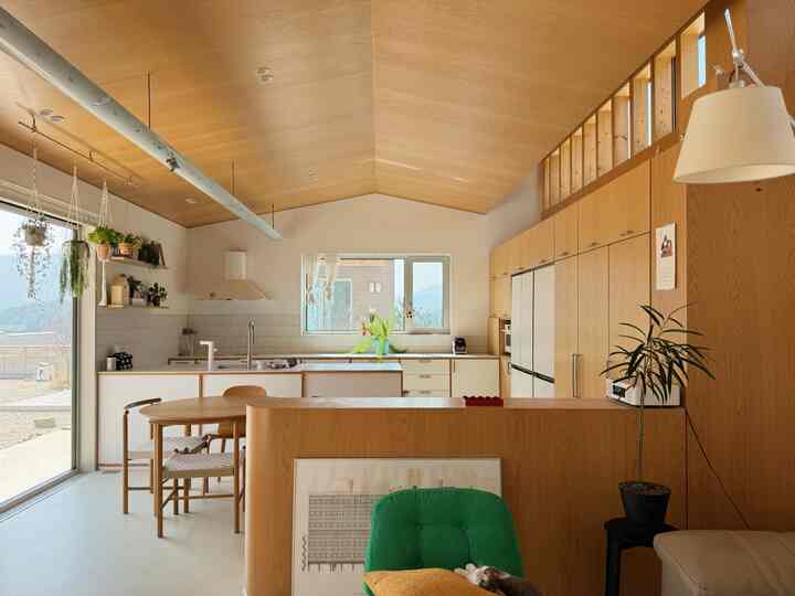 自然な木目調のトーンが調和するキッチンとリビング、白い壁に囲まれ、緑色の椅子の上で猫がくつろいでいる雰囲気のあるインテリア