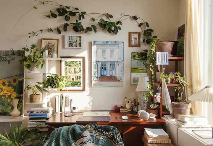 ナチュラルカラーと木目調のホームオフィス、壁の額縁と多様な観葉植物が調和した雰囲気のある作業空間
