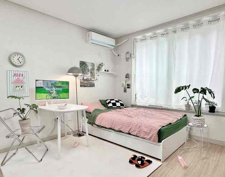 明るいホワイトトーンのワンルーム寝室、収納ベッドフレームとホワイトラグ、植物が配置された清潔な空間