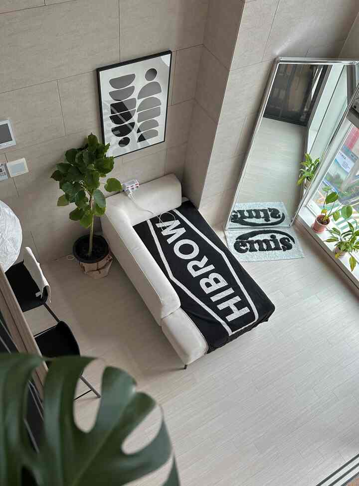 白と黒の調和が美しいリビング、ハイブロウのスローを掛けたソファと壁のアート、大きな観葉植物と全身鏡が配置された雰囲気あるインテリア