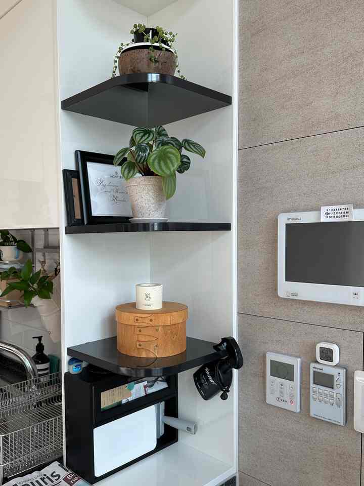 木目調と緑の植物が調和したキッチンの黒いコーナー棚に小物が配置された清潔感のある空間