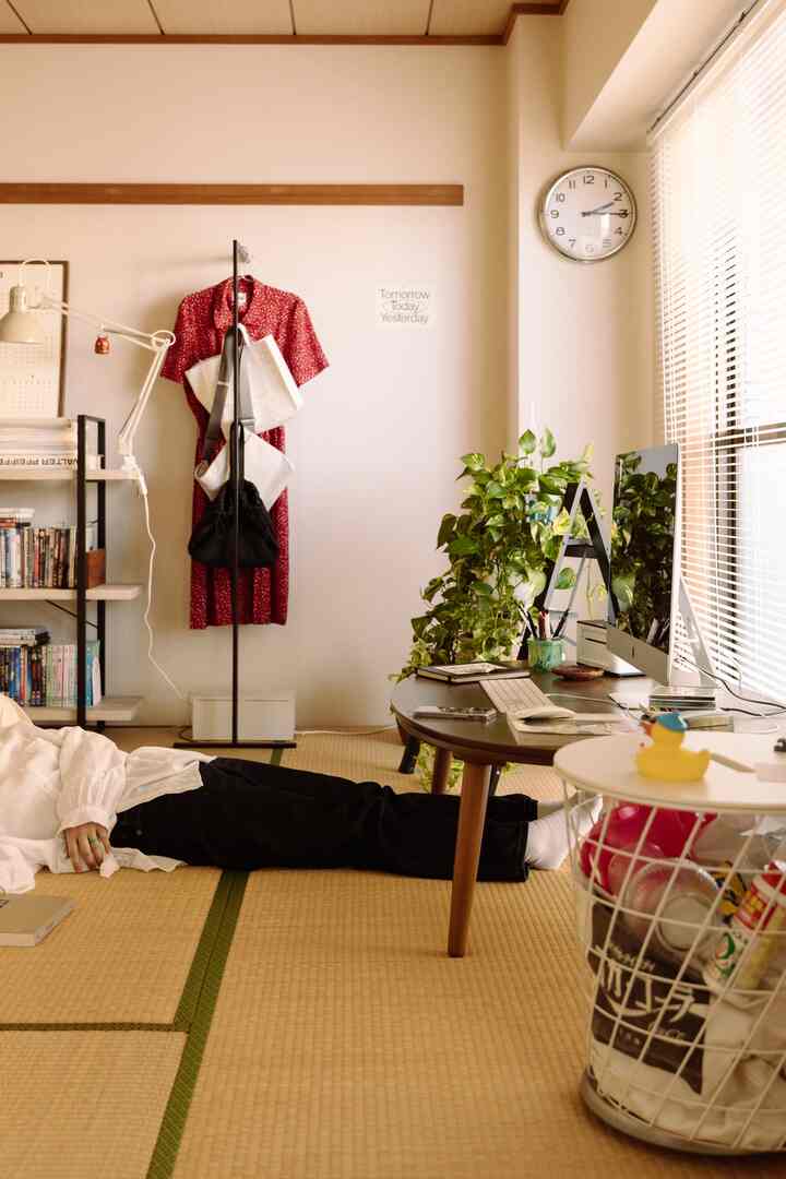 ライトブラウンの畳の床と白い壁のある2DKリビング、デスクにパソコンと植物が配置された温かみのある居心地の良い空間