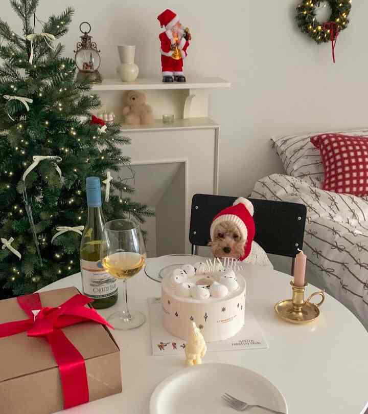 白と赤の色調のリビングルーム、クリスマスツリーとテーブル上のケーキ・ワイングラスが配置された雰囲気のあるおうちカフェ空間