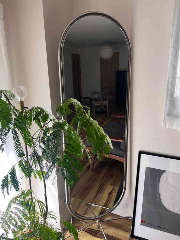 シルバーフレームの全身鏡と木目の床、グリーンプラントが配置された自然感のあるナチュラルモダンなリビング