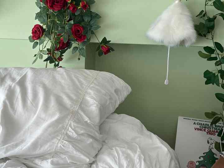 柔らかなホワイトの寝具とヴィンテージ風の赤いバラ、淡いグリーンの壁が調和する居心地の良い寝室