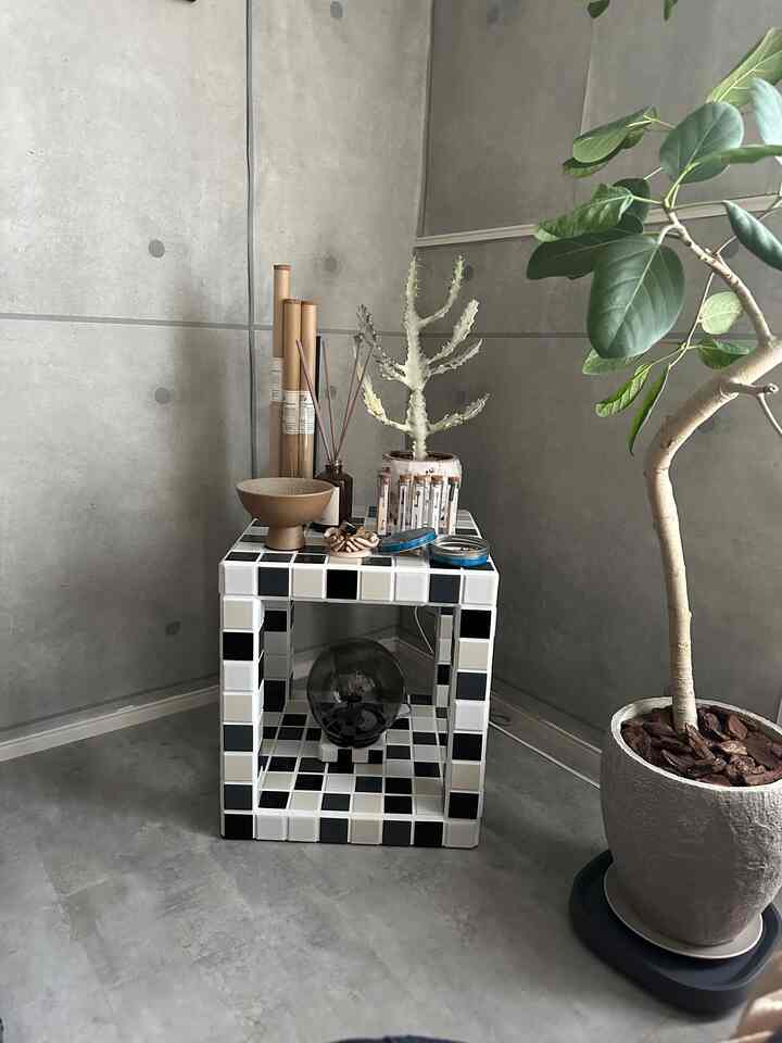 グレーのコンクリート壁と床に、白黒タイルのコーナー収納と緑の植物が配置されたナチュラルな雰囲気のインテリア