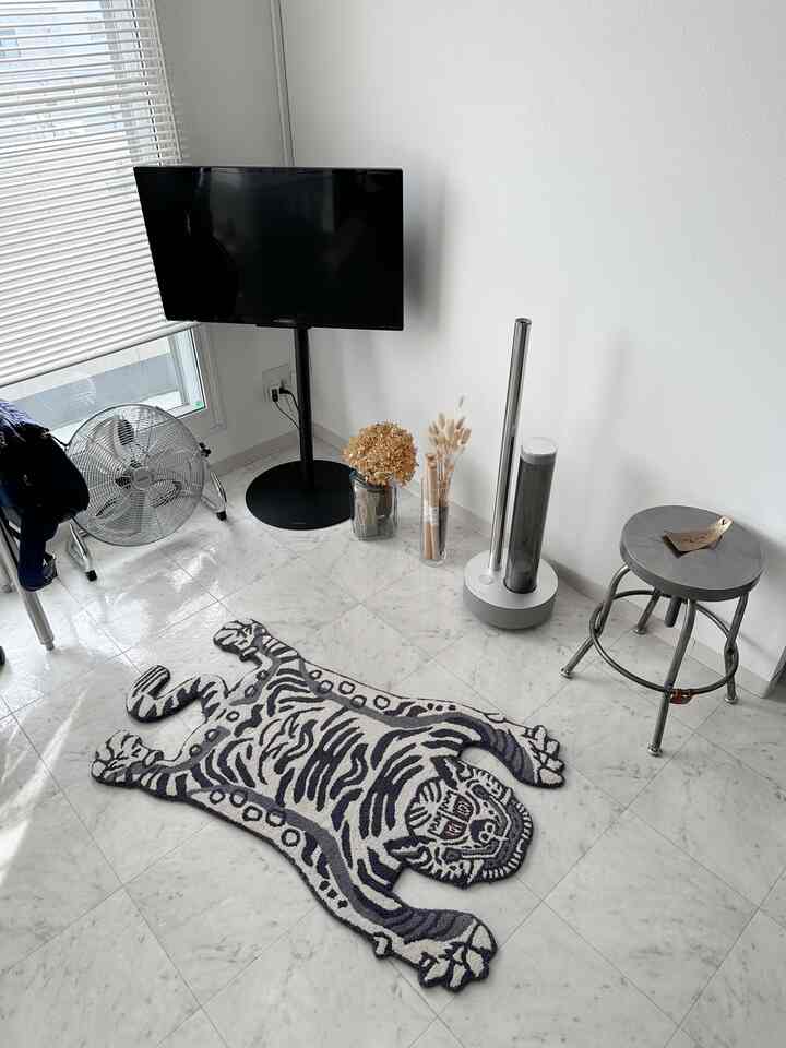 白とシルバーのトーンが特徴のリビングコーナー、テレビスタンドと加湿器、チベットタイガーラグが配置されたモダンな空間