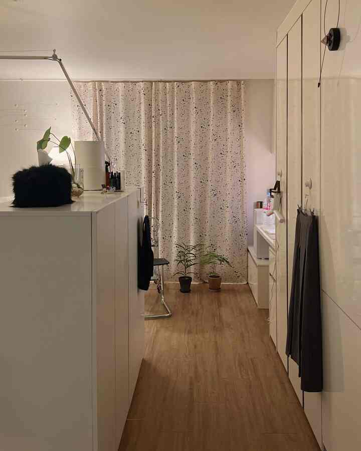 白と木目調が調和した狭いワンルーム、造り付けのクローゼットとカーテン、植物が配置された清潔感のあるインテリア