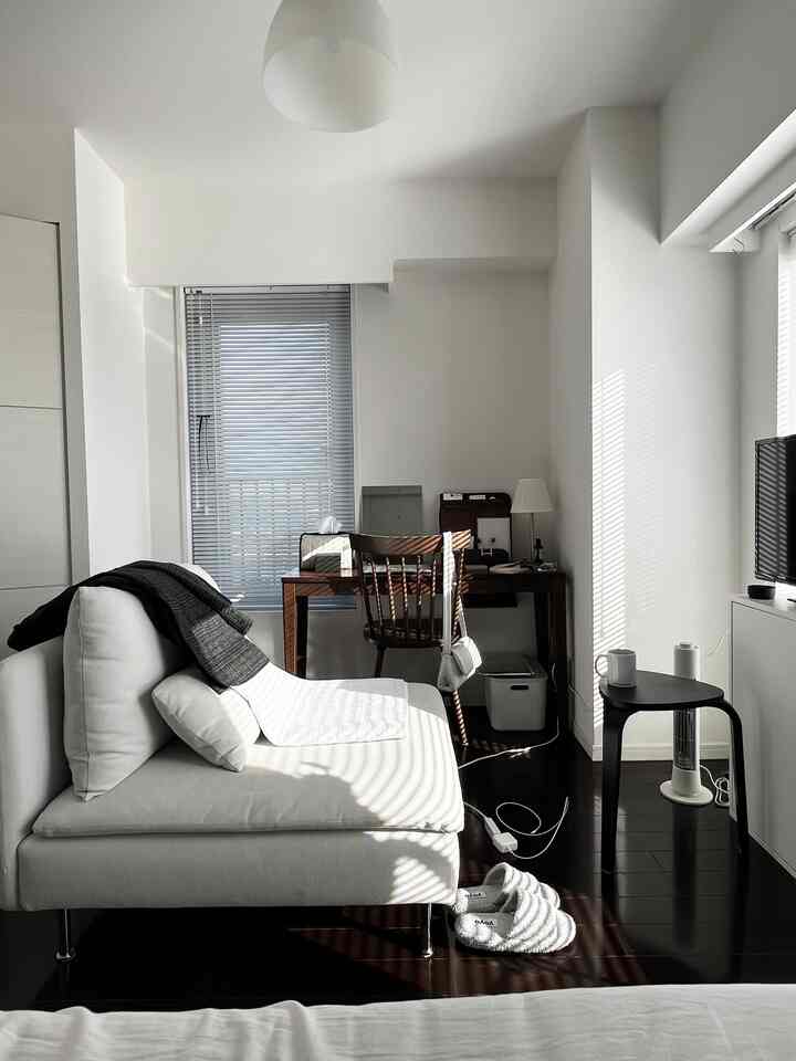白と黒のトーンの一人暮らし用ホームオフィス、ソファとデスクが配置されたシンプルで明るいインテリア