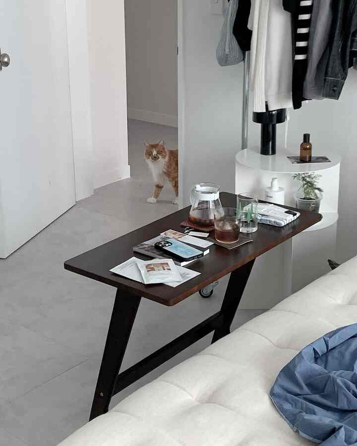 明るいホワイトとベージュ調の寝室、中央にダークブラウンのサイドテーブルとクリーム色のソファが配置され、ドアの裏に猫が見える雰囲気のある空間