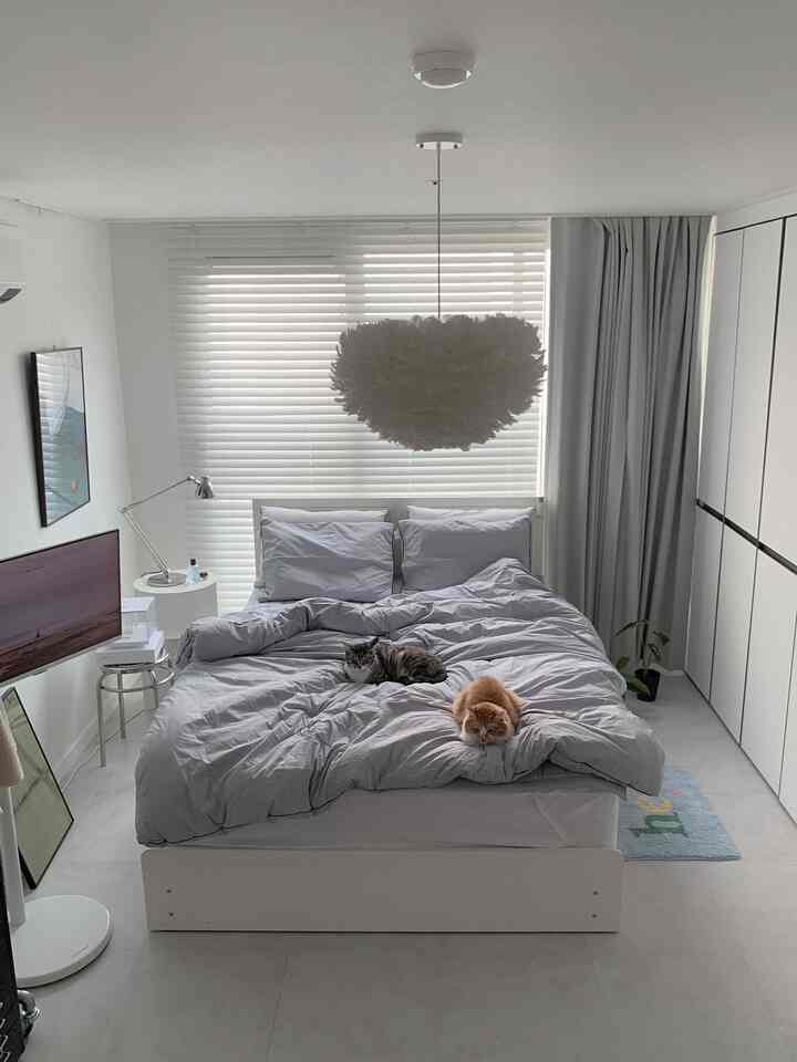 白とグレー調の寝室、中央にベッドと2匹の猫がいるシンプルで落ち着いた雰囲気のインテリア