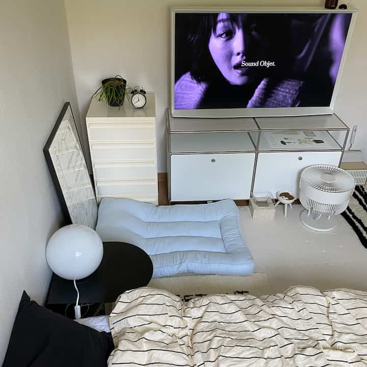 白と黒のトーンのリビングルーム、モジュラー家具とペット用品が配置されたミニマルなインテリア