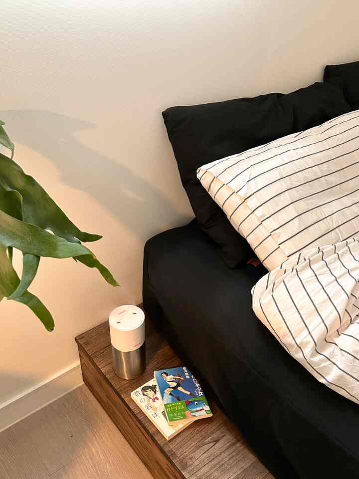 ナチュラルブラウンの木目調フロアとブラックのベッドマットレスが配置されたミニマルで整った寝室