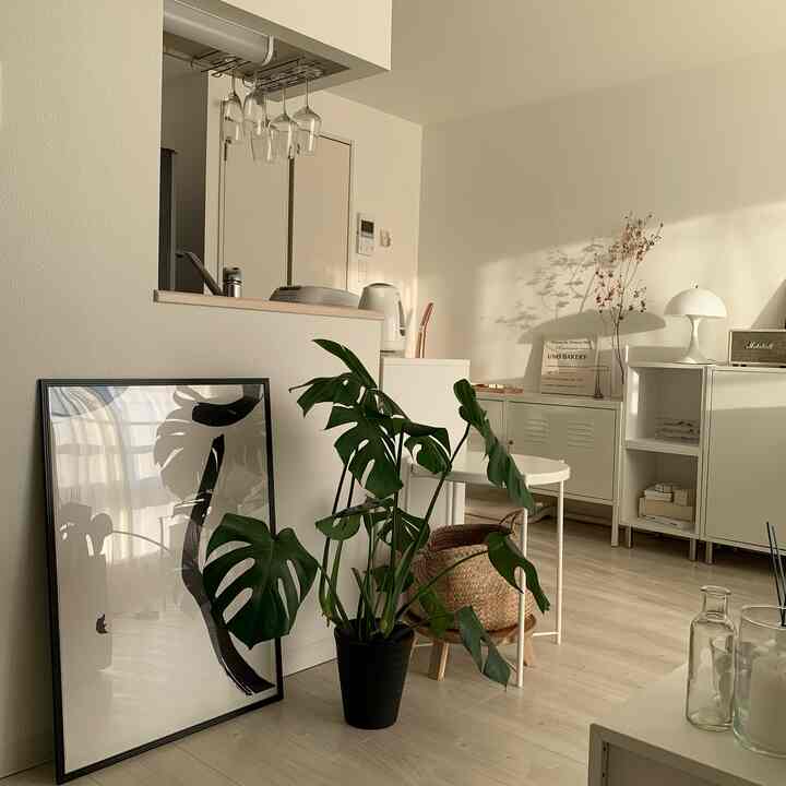 モノトーンとナチュラルな色調の寝室、モンステラの植物とモノクロームのアートフレームが配置されたシンプルな雰囲気のインテリア