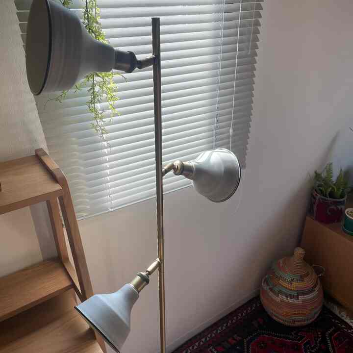 白い壁とブラインド、ゴールドのスタンドライト、木製の棚、植物が配されたナチュラルな雰囲気の室内空間