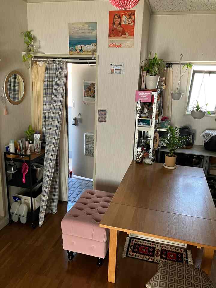 木目調の床とダイニングテーブルがあるコンパクトなダイニングルーム、植物とカーテンが空間を仕切る温かみのあるインテリア