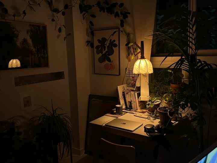 暖かい黄色の照明があるナチュラルトーンの寝室兼作業スペース、植物とデスク、ポスターが配置された雰囲気のあるインテリア