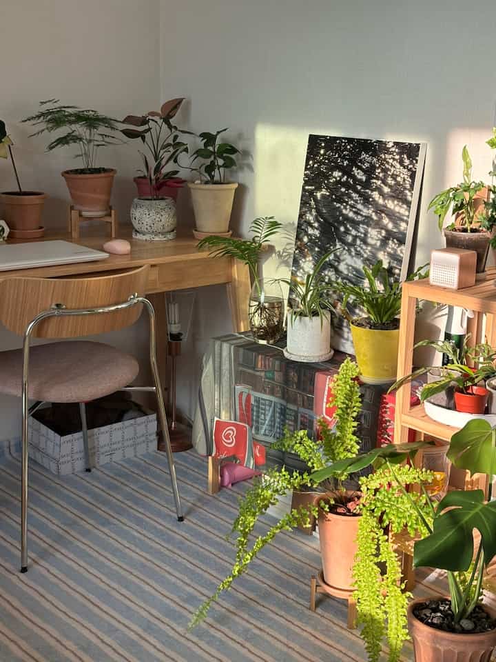 ライトブラウンの落ち着いたリビング兼ワークスペース、多様な植物と木製家具が調和した雰囲気のあるインテリア