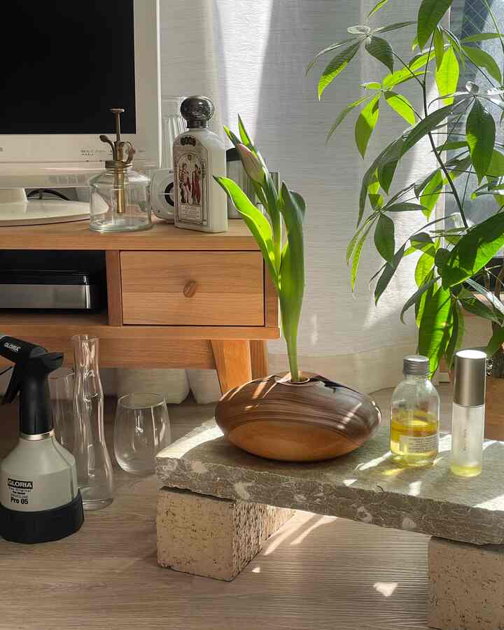 ベージュとナチュラルな木目調のリビング、植物と花瓶が配置された雰囲気のあるインテリア