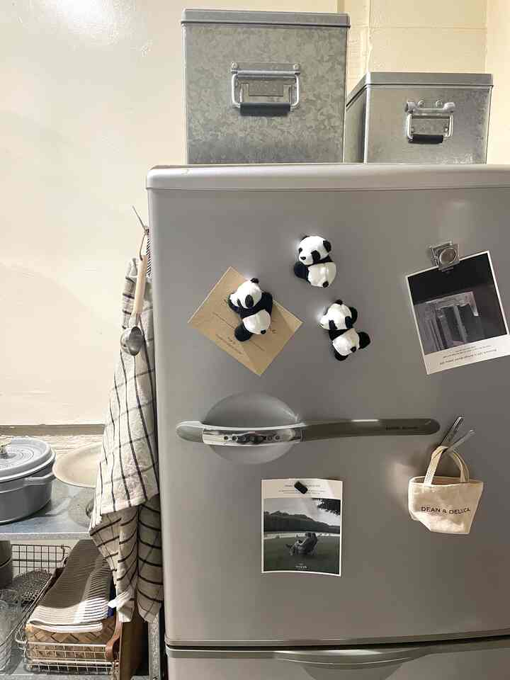 シルバーとウッドトーンのキッチン、冷蔵庫にパンダのマグネットとポストカードが飾られた雰囲気のあるインテリア