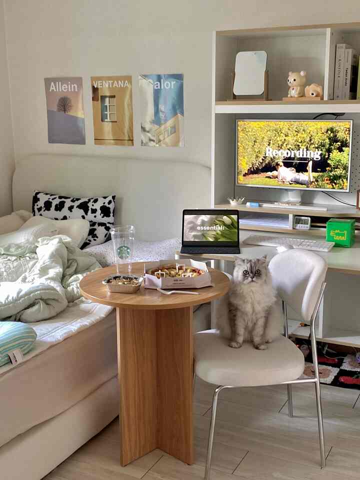 白と木目調が調和した寝室、猫が椅子に座る在宅勤務スペースがある雰囲気のあるインテリア